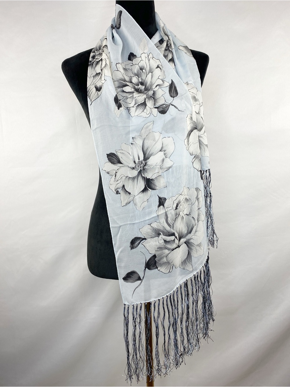 ECHO 100% Silk Light Blue Gray Floral Rose Print Long Fringe Scarf 65”X 10.75”